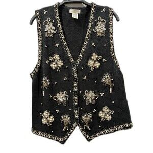 Vintage Yarnworks Beaded Pearl Floral Sweater Vest Black Gold Holiday Large